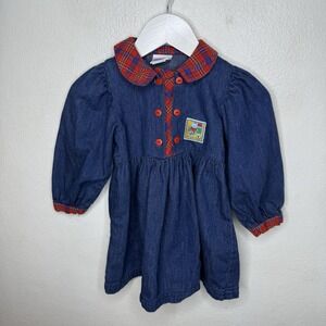 Vintage Oshkosh Denim Red Plaid Collar Button Up Dress Girls 2T Christmas Party